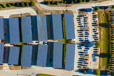 Photovoltaic solar panels over car parking lot in Clemson, South Carolina for generation of...