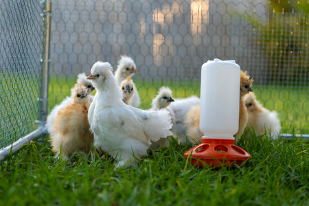 Silkie chicks in free range chicken coop. Poultry hen house with green grass in backyard gardenの写真素材
