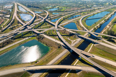 American highway multilevel road junction in Miami urban populated area. Wide freeway crossroads in...