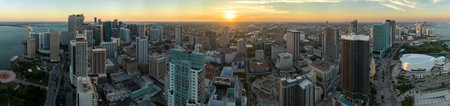 View from above of concrete and glass skyscraper buildings in downtown district of Miami Brickell in...