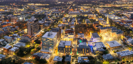 Aerial view of Savannah, old historical city in Georgia. Southern American architecture at nightの写真素材