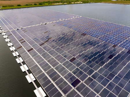 Innovative floating photovoltaic panels on water surface generating renewable electricity....