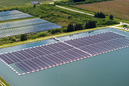 Generation of renewable electricity on water surface with no air pollution. Industrial pond with...