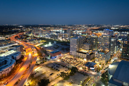 Rush hour traffic on multi-lane highway in Tampa, Florida. Rhythm of city life at night.の写真素材