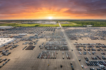 New cars stock at production factory parking lot. Vehicles parked in a row at dealer port terminal....