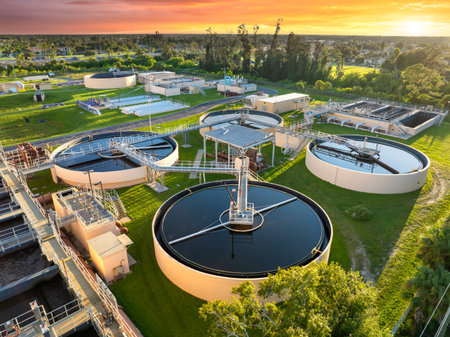 Water treatment facility with multiple tanks and filtration units. Vital infrastructure for...