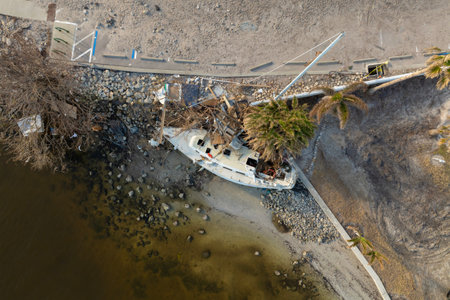 Aerial view of destroyed sailboat after hurricane Milton in Englewood, Florida