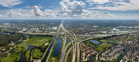 Elevated freeway intersection in American city of Miami, Florida with fast moving cars. USA transportation infrastructure conceptの写真素材