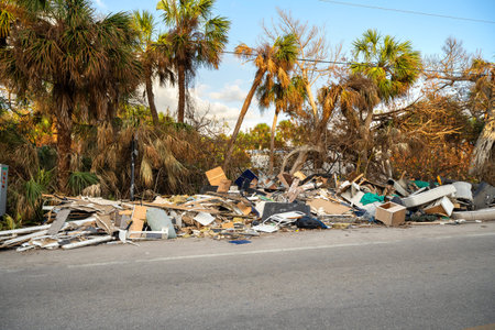 Street-side heaps of storm debris and trash left behind by Hurricane Milton on Manasota Key in...