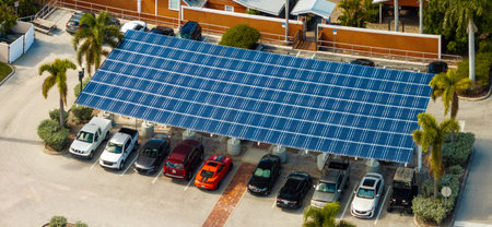Urban sustainability concept with solar canopy over car park. Photovoltaic system generate clean...