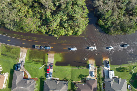 Aerial view of flooded street after hurricane rainfall with driving cars in Florida residential area. Consequences of natural disasterの写真素材