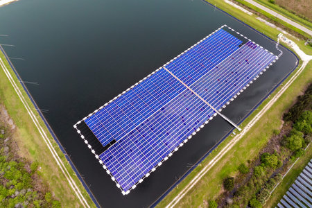 View from above of floating photovoltaic power plant with many rows of solar panels for producing...