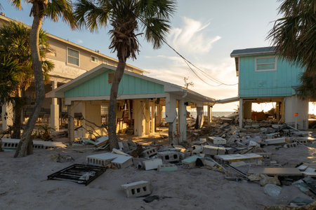 Storm surge severe damage to waterfront houses after hurricane Milton in Englewood, Florida....
