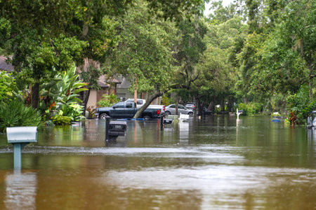 Hurricane Debby flooded city street with trapped cars submerged under water in Florida residential...