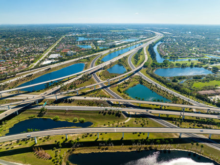 Aerial view of American freeway intersection with fast driving cars and trucks in Miami, Florida....