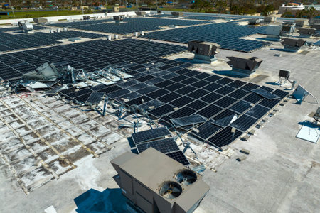 Aerial view of damaged by hurricane wind photovoltaic solar panels mounted on industrial building...