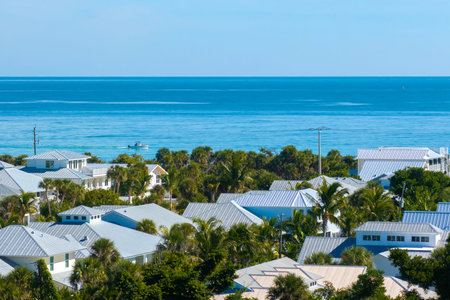 Expensive mansions between green palm trees on Gulf of Mexico shore in island small town Boca Grande...