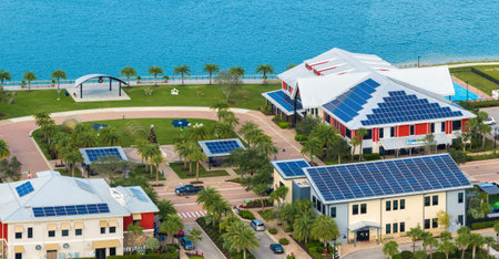 Florida office buildings with solar roofs. Blue photovoltaic panels for producing clean ecological...