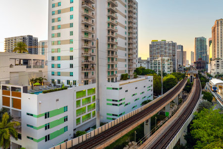 Railroad and public train line through downtown Miami in Florida, USA. Essential transport...