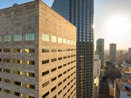 Urban landscape of downtown district of Miami Brickell in Florida, USA. Sunset skyline with high...