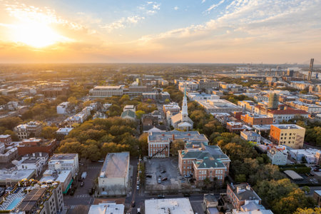Savannah, Georgia. American architecture with illuminated streets and historical buildings