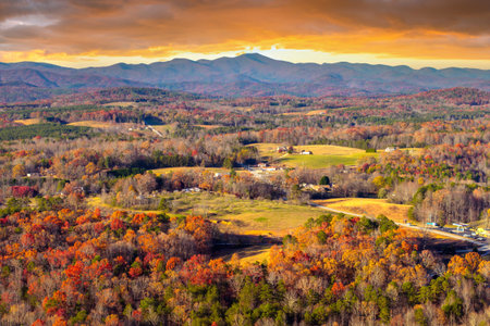 Remote rural homes nestled among the fall season red trees in Tennessee. Autumnal Appalachian woods with golden and amber tree crowns.