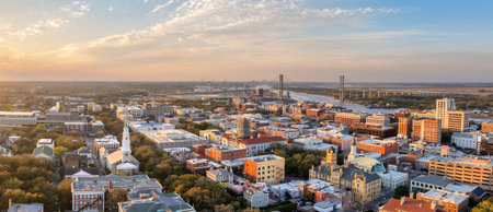 Old historic city architecture in Southern USA. View from above of illuminated streets of Savannah, Georgia at night