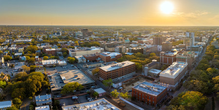 Panoramic cityscape with old historical architecture in Savannah, Georgia. Southern American architecture in evening