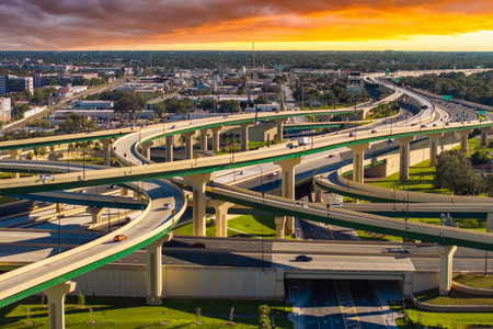 Rush hour traffic on multi-lane highway in Orlando, Florida. Fast rhythm of city life.