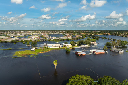 Farmland area flooded after hurricane rains. Underwater farm buildings under rainfall water in Florida. Aftermath of natural disaster in southern USA