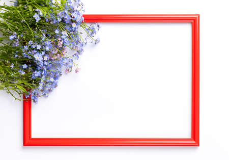 Flat lay view of red wooden frame with small violet flowers and green leaves on white background.の写真素材