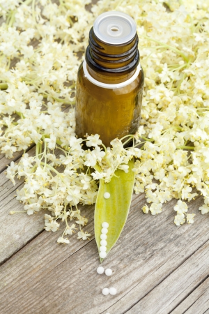 homeopathic pills with elder flowerの写真素材