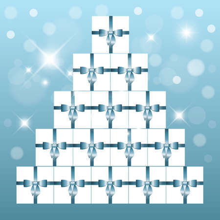 pyramid made from white boxes with blue ribbons のイラスト素材