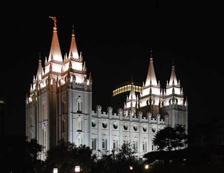Temple at Night, Salt Lake City, Utahの写真素材