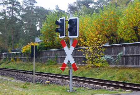 Rail track in Autumn in the Heath Lueneburger Heide, Lower Saxonyの写真素材