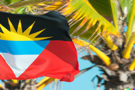 Antigua and Barbuda Flag on a Caribbean Beach with Palmsの素材