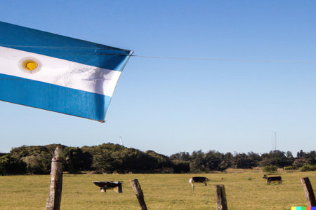 Argentinian Flag in Pampa Landscape with Cattle, Argentinaの素材
