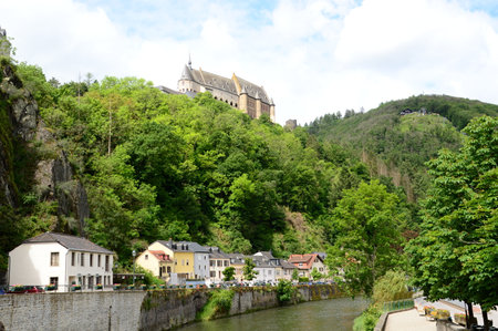 Panorama at the River Our in the Old Town of Vianden, Luxembourgの写真素材