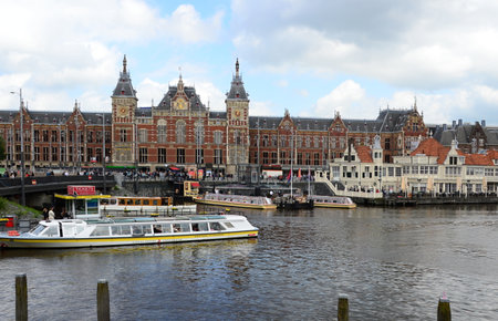 Historical Rail Way Station in Downtown Amsterdam, Netherlandsの写真素材