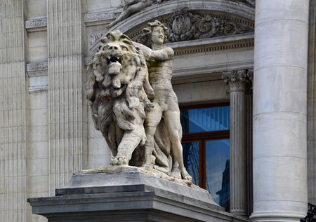 Statue at the Historical Stock Exchange in Downtown Brussels, the Capital of Belgiumの写真素材