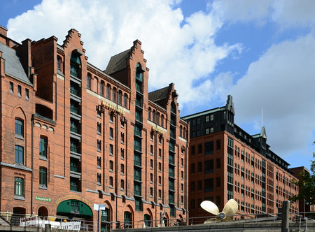 Historical Buildings in the Old Neighborhood Speicherstadt in the Hanseatic City of Hamburgの写真素材