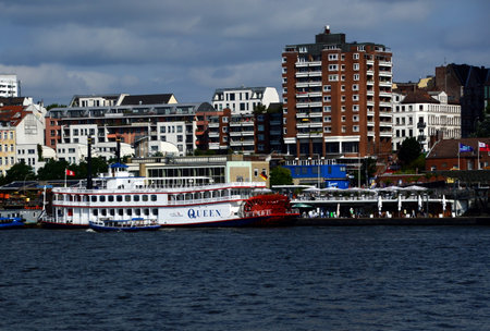 Panorama at the Landungsbruecken in the Hanse City of Hamburgの写真素材