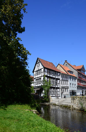 Historical Buildings at the River Oker in the Old Town of Wolfenbuettel, Lower Saxonyの写真素材