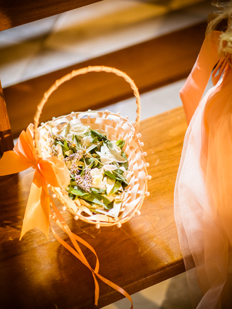 flower basket at the wedding with laurel and lavenderの写真素材