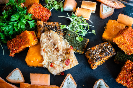 the table top taken from above, buttermacker, salmon, surimi