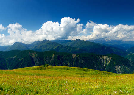 Meadow and mountain range  Beautiful summer landscapeの写真素材