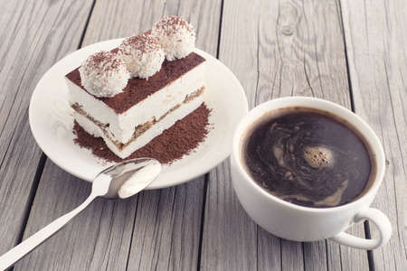Coffee and cake as a morning meal. Tasty food backgroundの写真素材