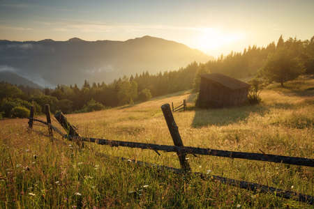 Sun beam in mountain valley in the morning time during sunrise. Natural summer landscapeの写真素材