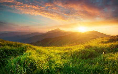 Mountain valley during sunrise. Natural summer landscape