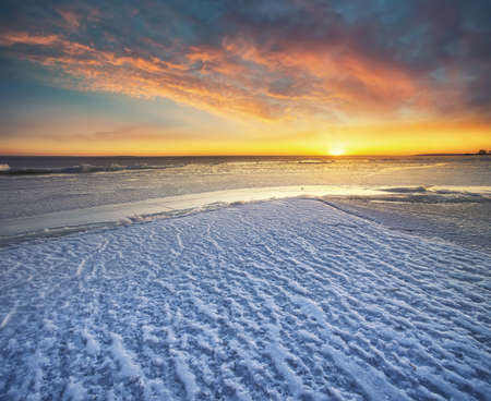 Winter sea during sundown. Beautiful winter seascapeの写真素材